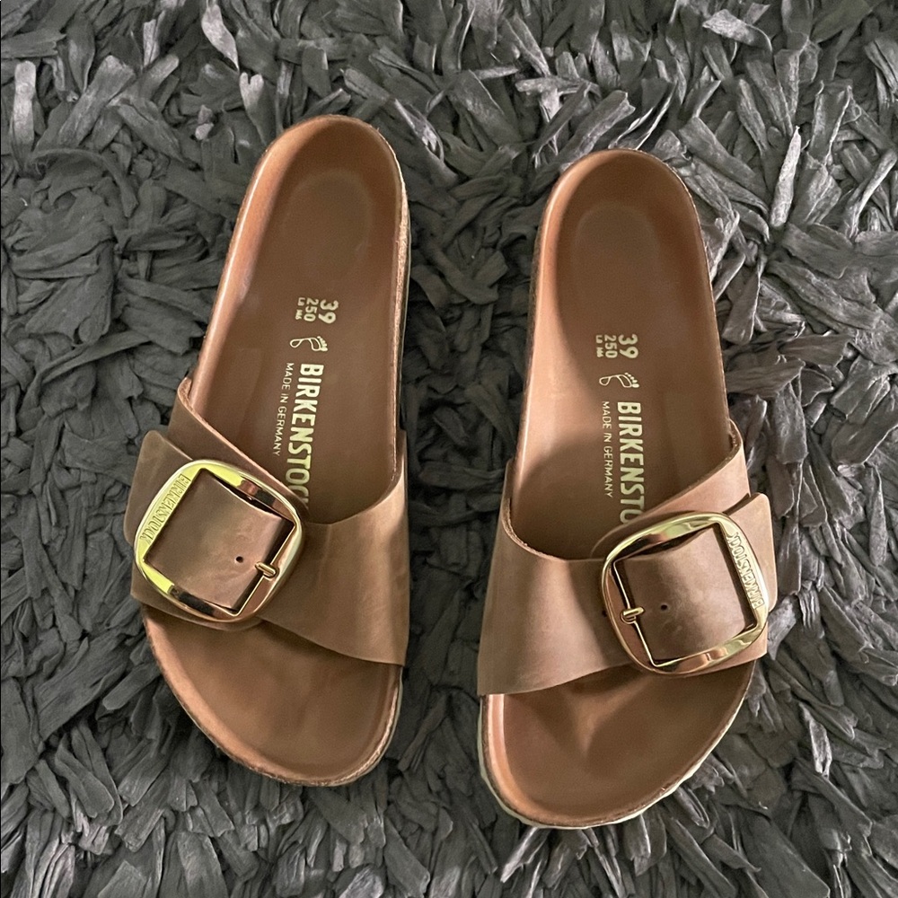 Birkenstock Tan Sandals with Gold Buckle